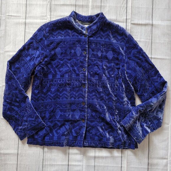 Vintage Chicos Blue Velvet Button-Up Jacket With Geometric Patterns Small - Picture 5 of 6
